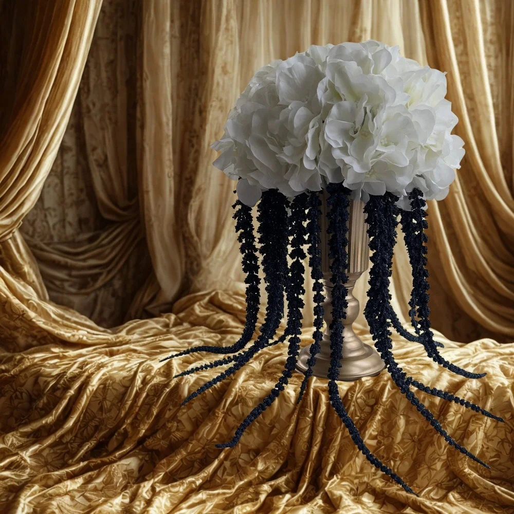 White Hydrangea and Blue Cascading Floral Centerpiece Arrangement in‎ Gold Urn